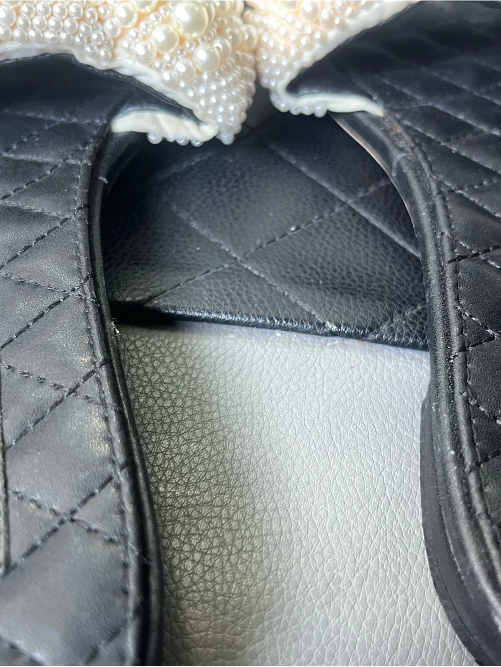 CHANEL Pearl-Embellished Black Slide Sandals with Ivory Beaded Straps